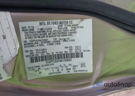 2006 Ford Taurus Se from USA, damaged, VIN 1FAFP53U76A150603